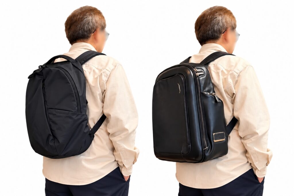 ABLE CARRY Thirteen DaybagとTUMIレザーバックパックのサイズ比較