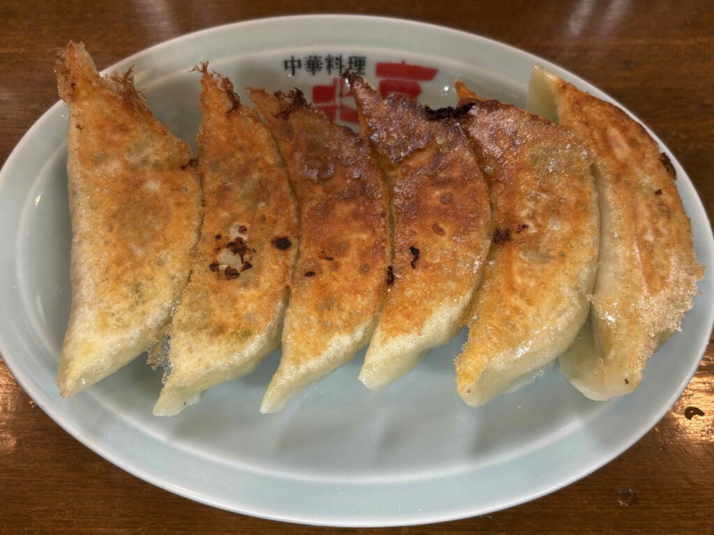 銀座天龍のジャンボ焼き餃子。こんがり焼き上げられた厚めの皮と、大ぶりなサイズが特徴
